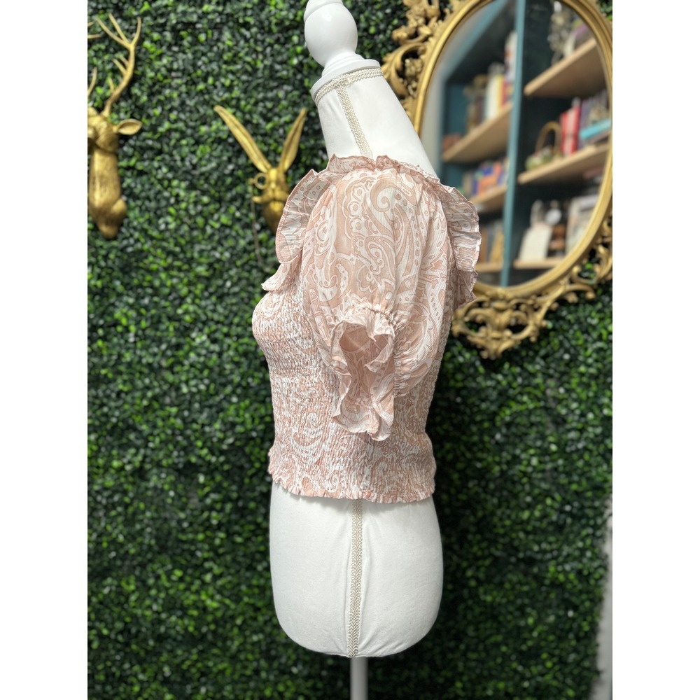 Express Smocked Peasant Blouse Crop Top Pink Paisley Ruffle Cottagecore M - Picture 3 of 7